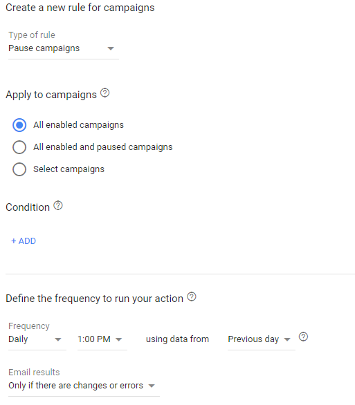 Google Ads Campaign Rule Condition