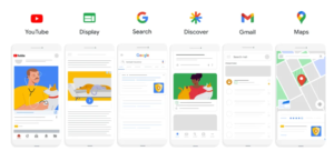 Examples of the channels where Google Performance Ads can appear, as shown with an illustration of smartphones