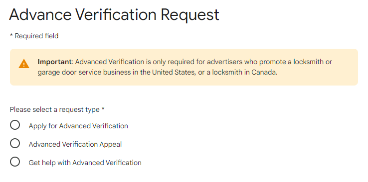 Application for Advanced Verification of Locksmiths Using Google Ads to advertise in Google