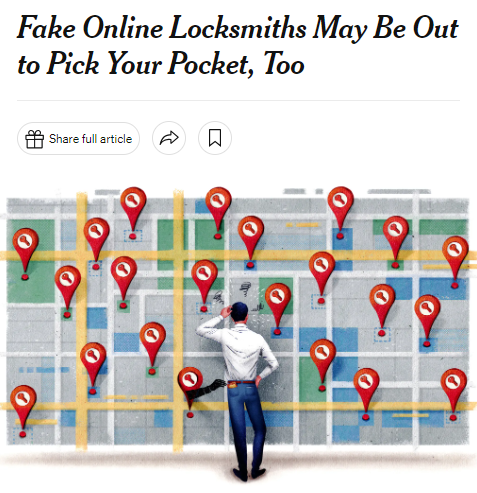 Image of New York Times article about 'Fake Online Locksmiths' using Google Ads and SEO