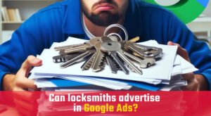 Locksmith looking frustrated and overwhelmed with paperwork trying to verify his business to use Google Ads for locksmith services
