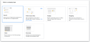 List of Google Ads campaign options as they appear in the platform with Search campaign selected.
