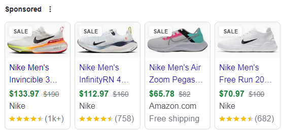 Example of Google Shopping Ads as they appear in an ad carousel with Nike shoes for sale. 