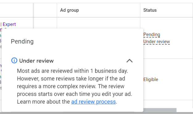 Screenshot within Google Ads stating that an ad is under review. This would be a reason why an ad campaign is not spending yet.