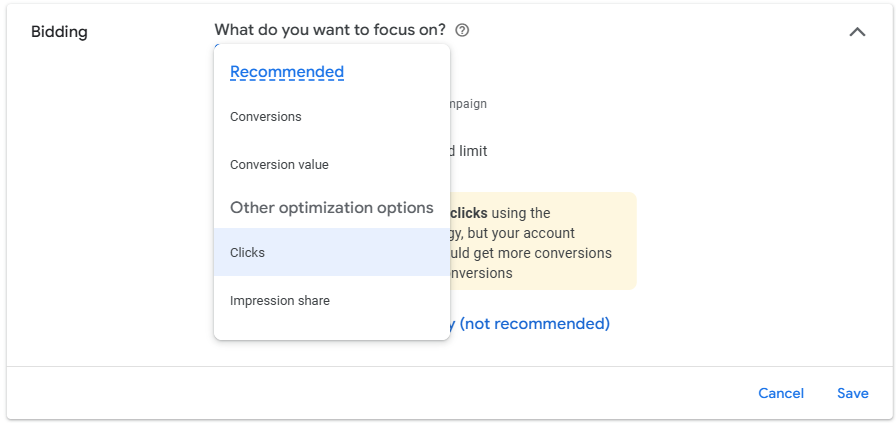 Screen capture of bidding strategy options in Google Ads - another common cause of Google Ads leaking money from advertisers' ad budgets.