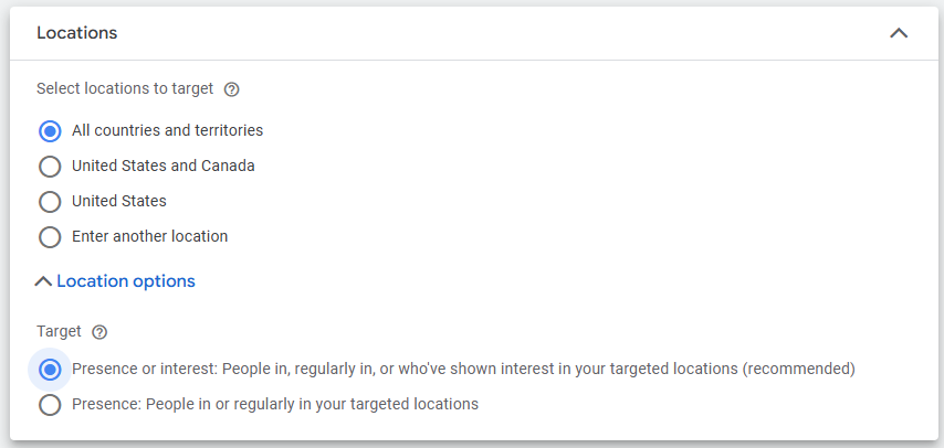 Screen capture of Google Ads location targeting settings - a common problem are for advertisers losing money in Google Ads.