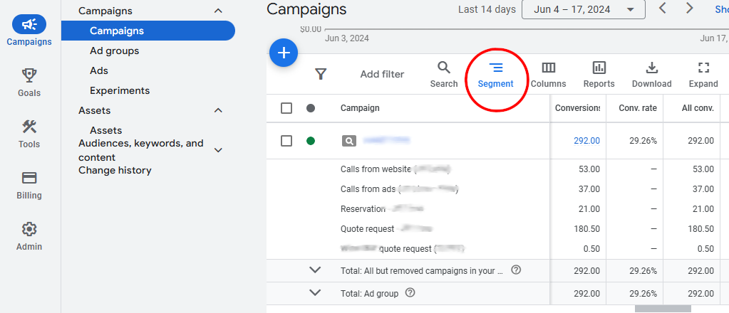 Screenshot of Google Ads showing how view conversion actions in Campaign view