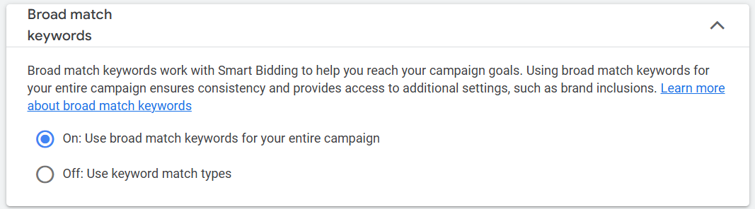 Broad match keyword setting as it appears, pre-selected, during a Google Ads campaign setup