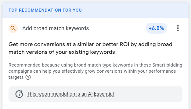 Screenshot of a Google Ads recommendation to add broad match keywords to improve a campaign's Optimization Score