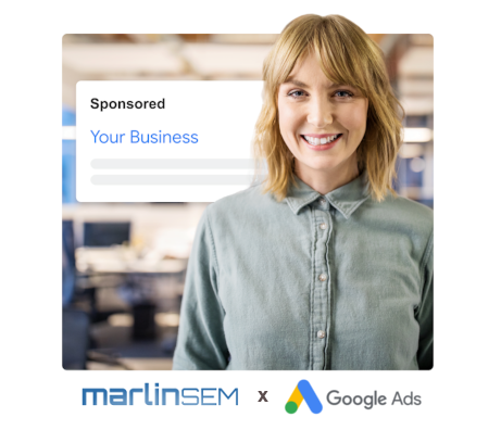 A Google Ads management service, expressed by an image of smiling woman business owner with a mockup of her Search ad in Google.