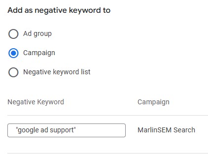 Screenshot illustrating an example of how to add negative keywords in a Google Ads campaign