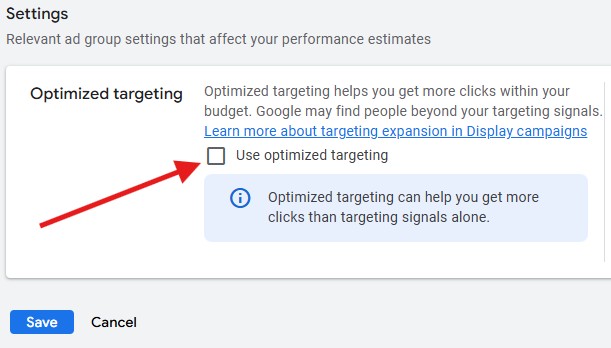 Screenshot of Google Ads showing where to turn off Optimized Targeting and Expansion