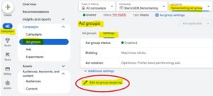 Screenshot from Google Ads with yellow highlighting and a red circle, showing how to turn off optimized targeting and expansion.