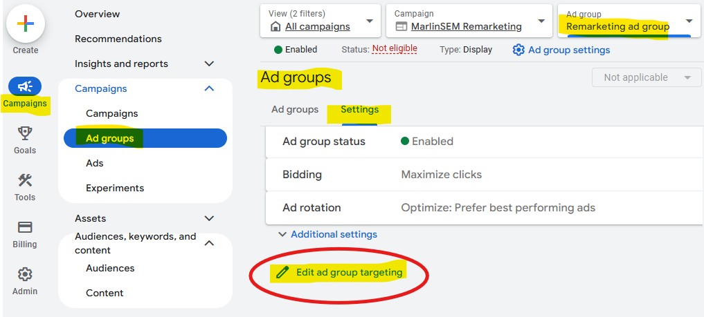 Screenshot from Google Ads with yellow highlighting and a red circle, showing how to turn off optimized targeting and expansion. 