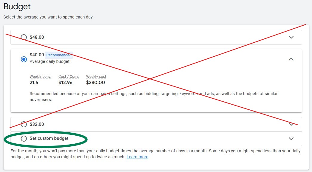 Screenshot from Google Ads showing a preselected budget setting, which generally should be avoided.