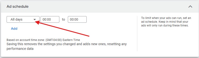 Screenshot of ad schedule in Google Ads. Advertisers should customize this, instead of running ads 24 hours a day by default.
