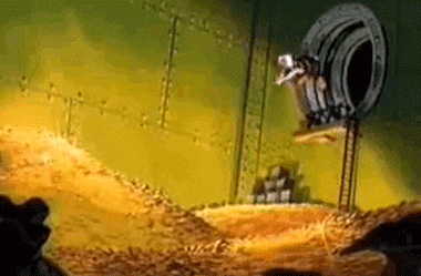 Animated gif from the TV show DuckTales with Scrooge McDuck diving into a vault of gold coins, to represent the idea that Google is a for-profit business with a goal to make money.