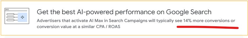 Screenshot from Google Ads showing a recommendation to enable AI Max.