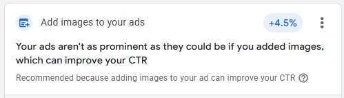 Screenshot example of Google Ads Optimization Score recommendation to add more images.