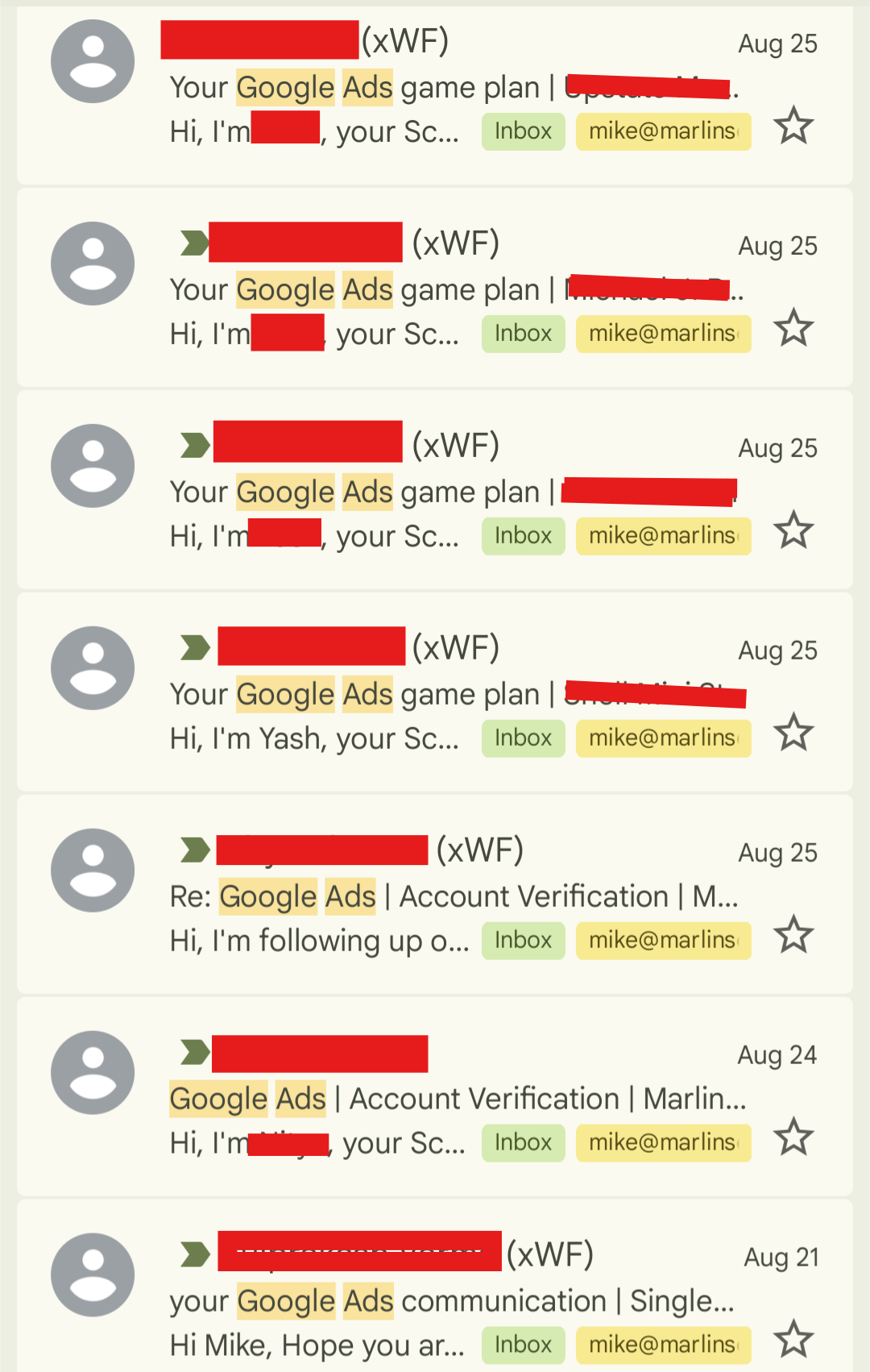 Screenshot of an inbox filled with emails from Google Ads Reps, with individual names crossed out.