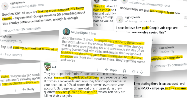 Screenshots of Reddit posts sharing frustrations with Google Ads Reps, also sometimes referred to as Scaled Portfolio Strategists
