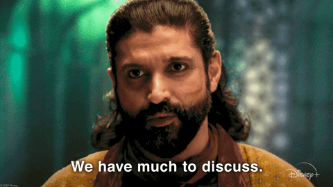 Animated gif of a man speaking, with caption "We have much to discuss."