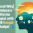 An illustration with a light green background. On the left, text reads 'How (and Why) We Helped a California Therapist with a $300 Google Ads Budget' next to the Google Ads logo. On the right, there is a dark silhouette of a human head in profile, with a peaceful nature scene inside the mind featuring a vibrant sunset, blue mountains, green grass, and white daisies.